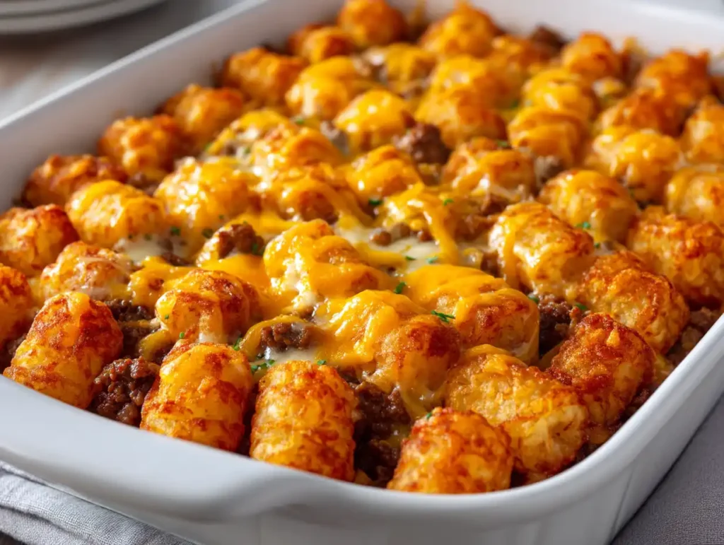 Easy Tater Tot Casserole With Ground Beef 12 Current image: Tater tot casserole with ground beef baked until golden with crispy cheesy top 