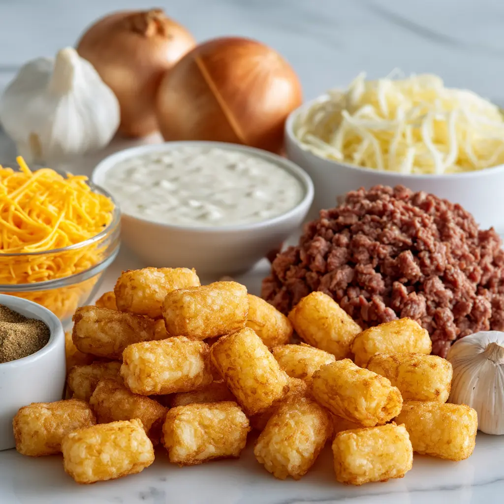 Easy Tater Tot Casserole With Ground Beef 14 Ingredients for tater tot casserole with ground beef on a clean white surface