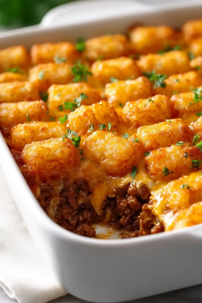 Easy Tater Tot Casserole With Ground Beef 22 Pinterest style vertical tater tot casserole with ground beef hero image