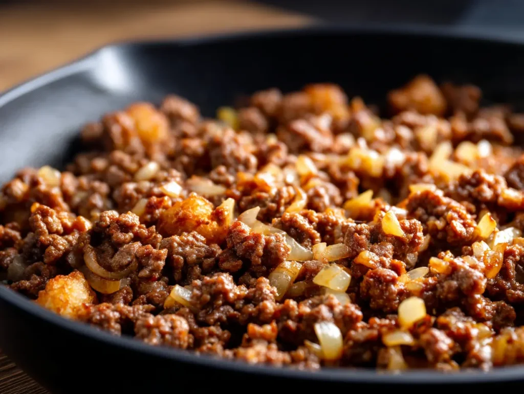 Easy Tater Tot Casserole With Ground Beef 16 Ground beef cooking for tater tot casserole with ground beef in a skillet