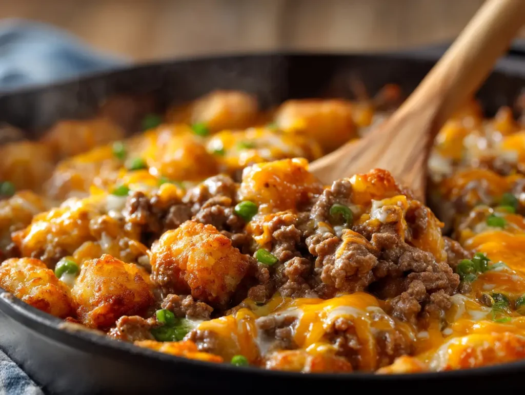 Easy Tater Tot Casserole With Ground Beef 17 Creamy filling for tater tot casserole with ground beef mixed in skillet