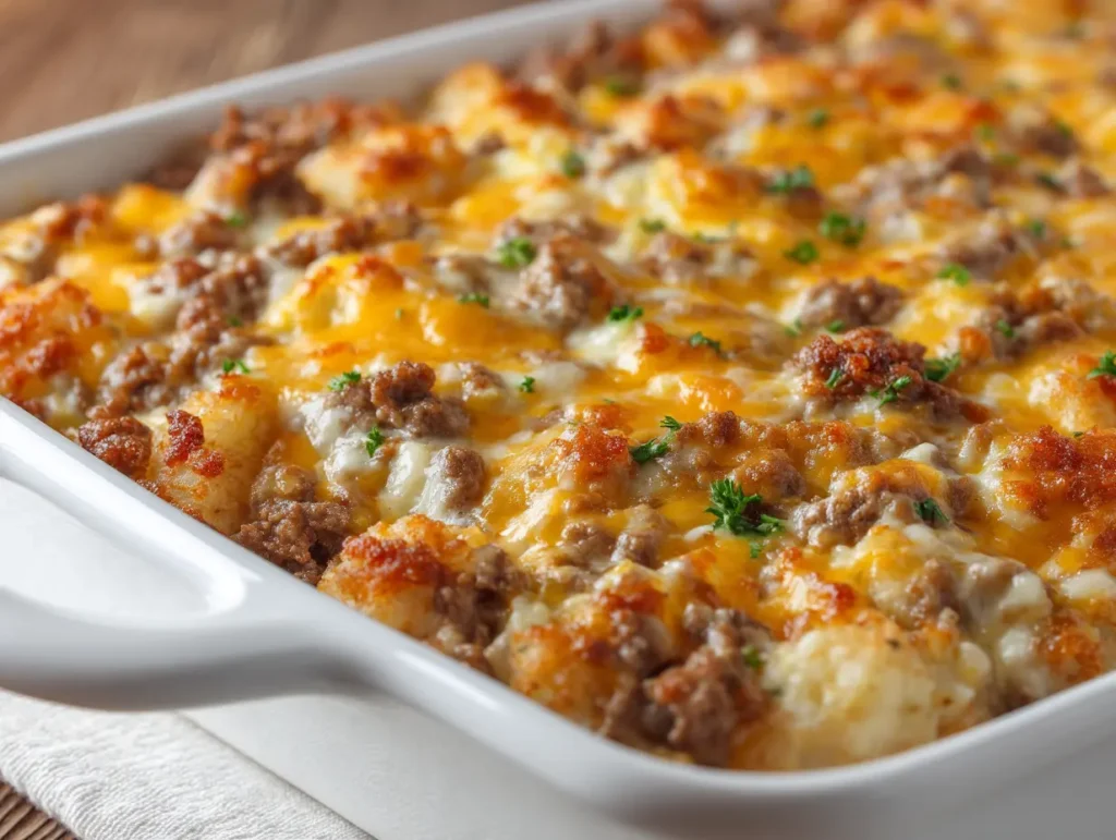Easy Tater Tot Casserole With Ground Beef 18 Layering beef mixture in baking dish for tater tot casserole with ground beef