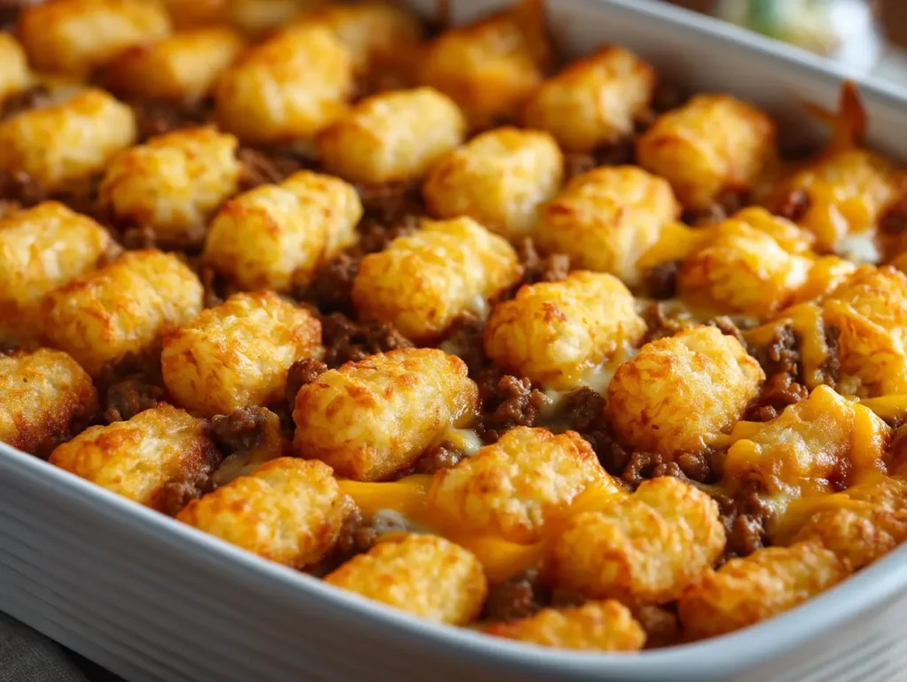 Easy Tater Tot Casserole With Ground Beef 19 Frozen tater tots layered on casserole for tater tot casserole with ground beef