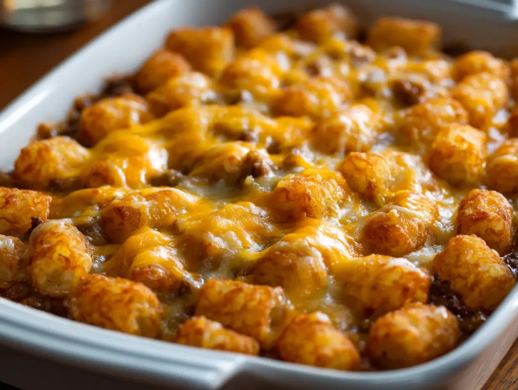 Easy Tater Tot Casserole With Ground Beef 20 Finished tater tot casserole with ground beef baked until golden and cheesy