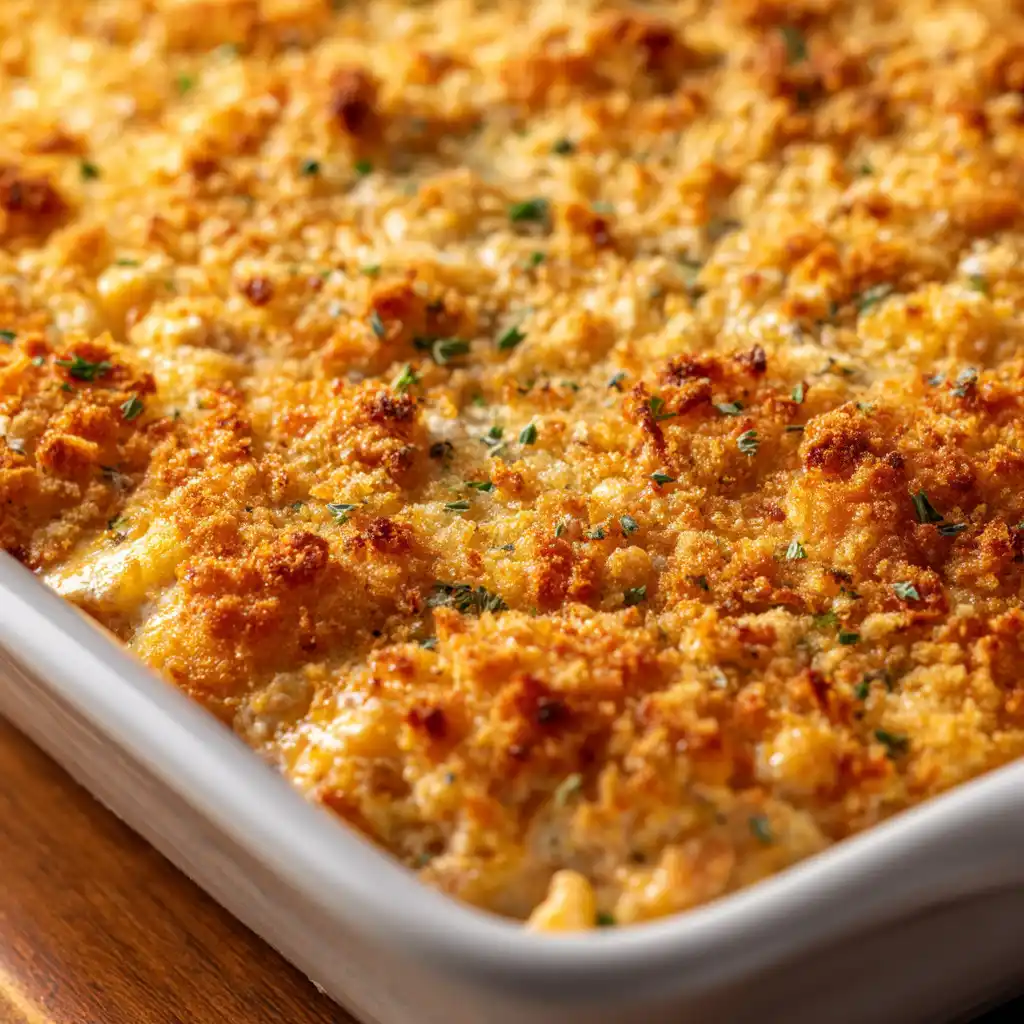 Freshly baked tuna casserole recipe with deep golden crust close-up showing bubbling edges