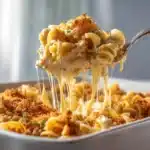 Fork lifting a bite of creamy tuna casserole recipe showing noodles tuna and melted cheese up close