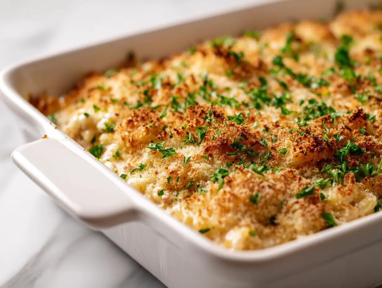 Creamy tuna casserole recipe in a white ceramic baking dish with golden panko crust, fresh parsley garnish