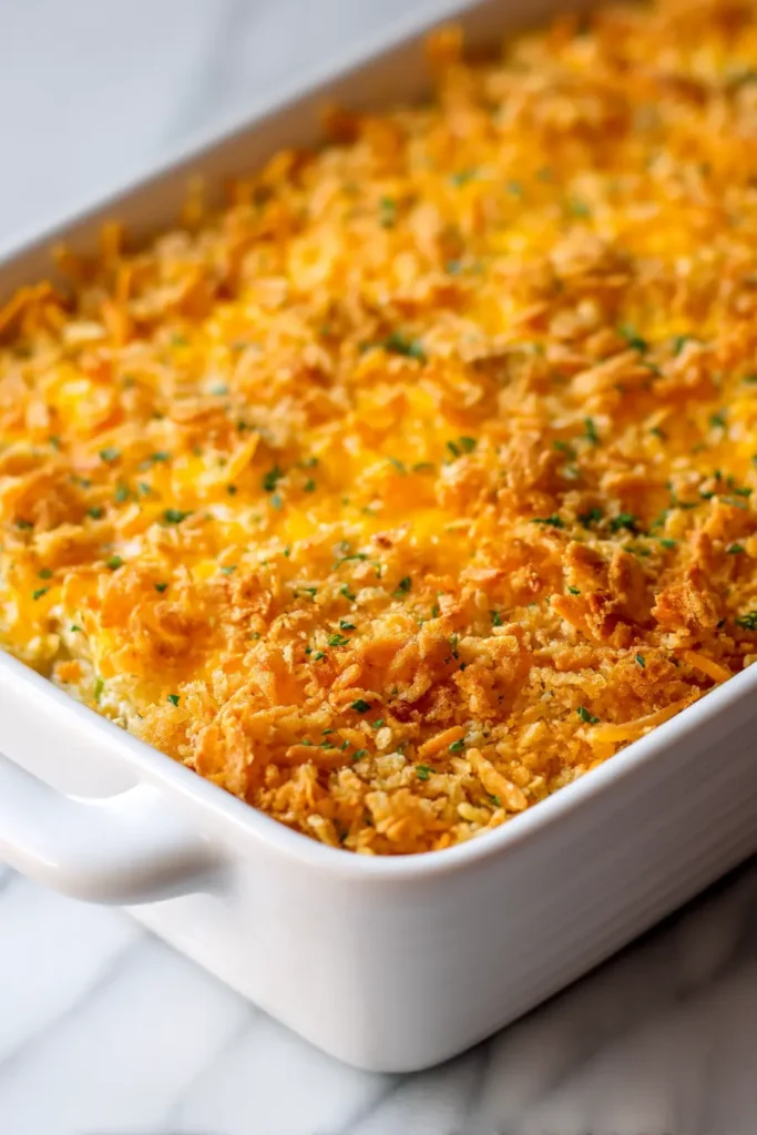 Golden tuna casserole recipe baked in white dish with crispy breadcrumb topping and melted cheddar