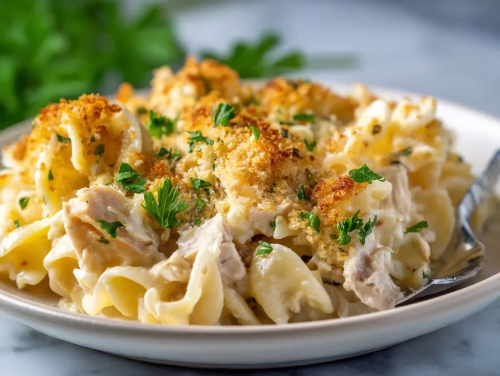 Single plated serving of tuna casserole recipe on white plate with crispy topping and creamy noodles