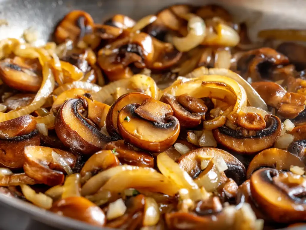 Golden sauteed onions and mushrooms in a skillet for tuna casserole recipe, close-up