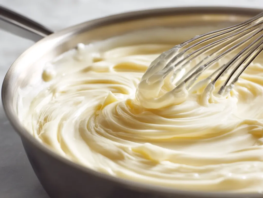 Thick creamy white sauce being whisked in a pan for tuna casserole recipe from scratch