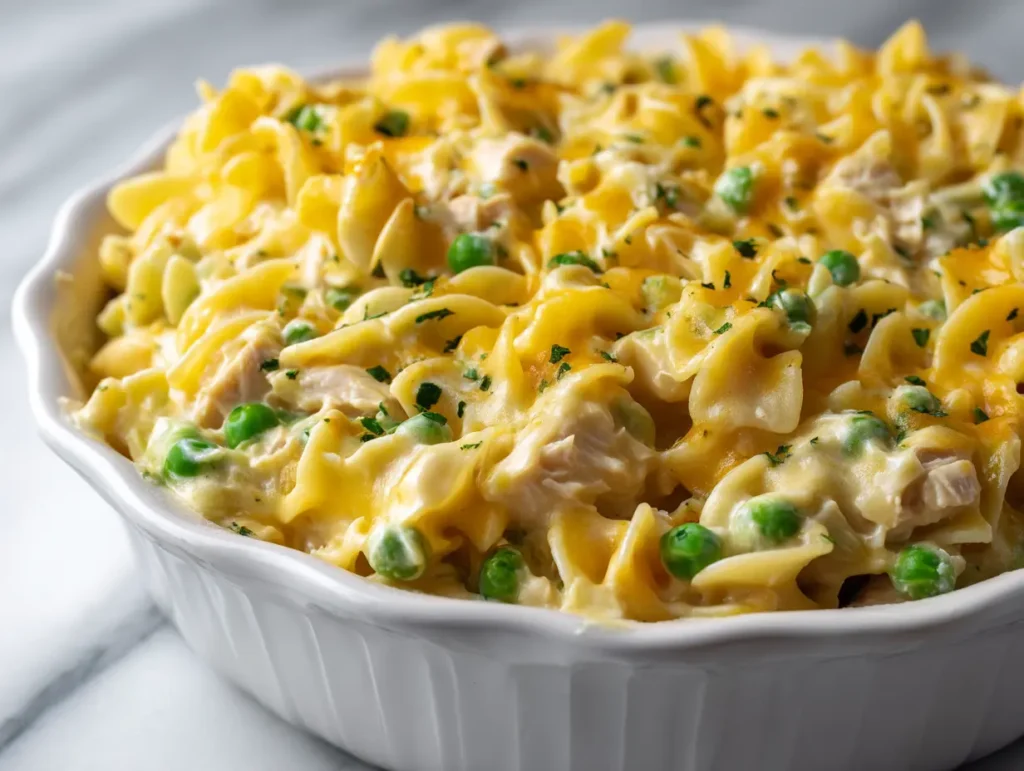 Tuna casserole recipe mixture of noodles tuna peas and cream sauce folded together in a baking dish