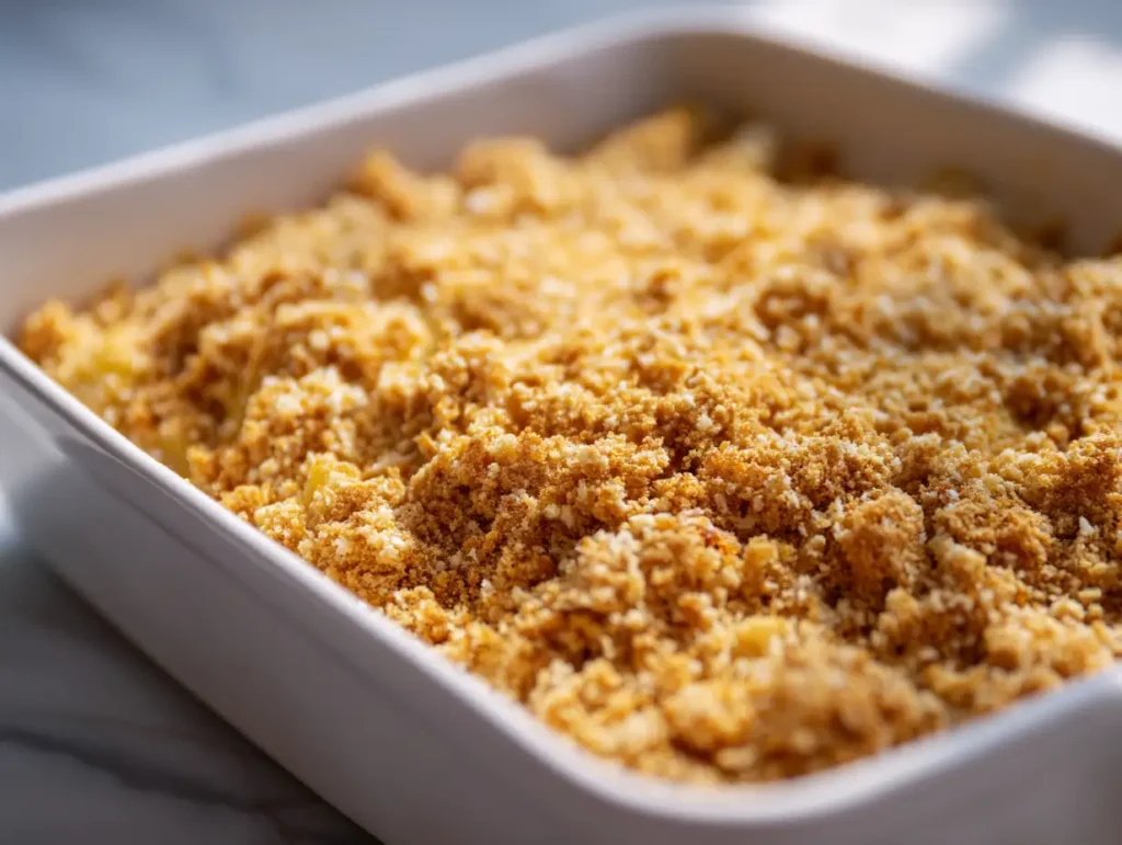  Butter-coated panko breadcrumb topping spread over tuna casserole recipe before baking