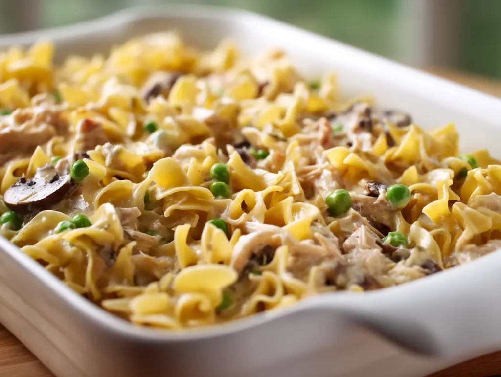 Tuna noodle casserole assembled in white baking dish before going into the oven