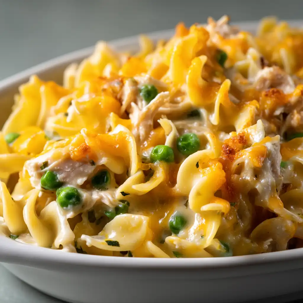 Close-up detail of creamy egg noodles and tuna chunks inside a tuna noodle casserole