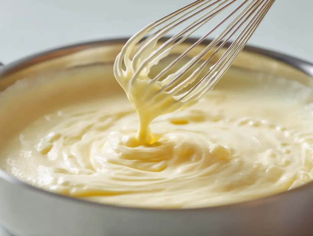 Homemade creamy white sauce being whisked in a pan for tuna noodle casserole