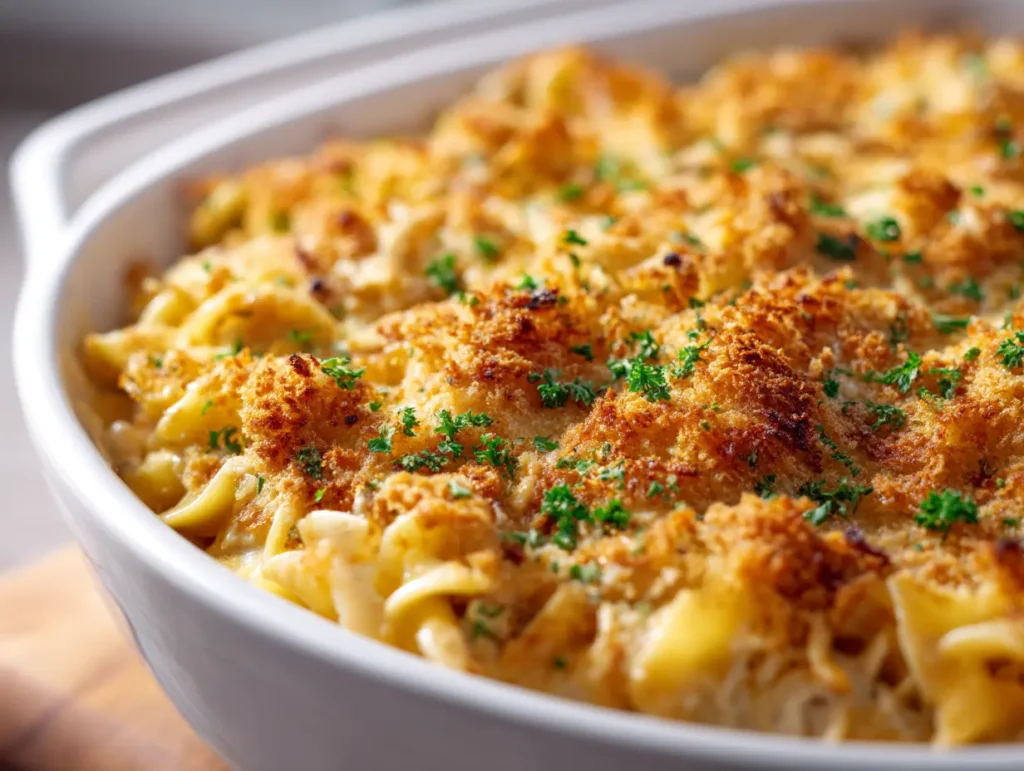 Current image: Creamy tuna noodle casserole with golden panko crust in a white baking dish