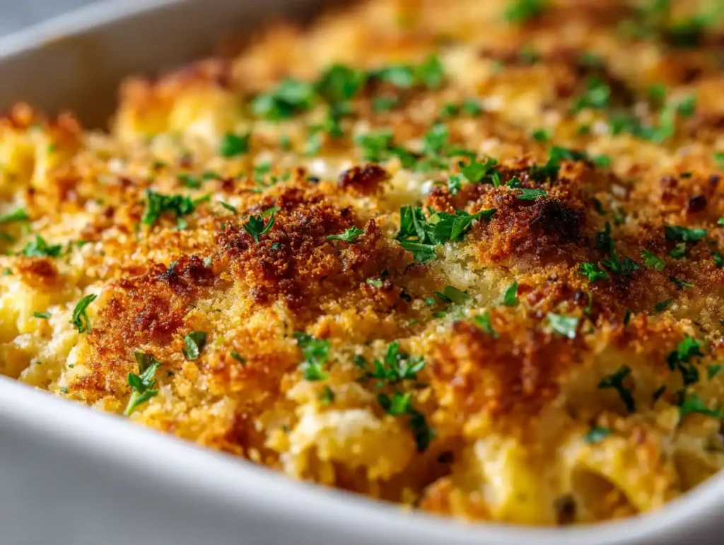 Golden panko breadcrumb topping on baked tuna noodle casserole fresh from the oven