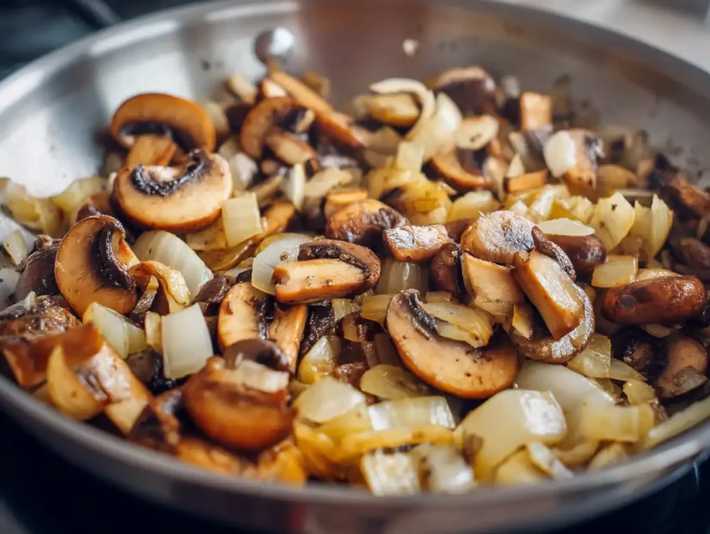 Diced onions and sliced mushrooms sauteing in butter for tuna noodle casserole