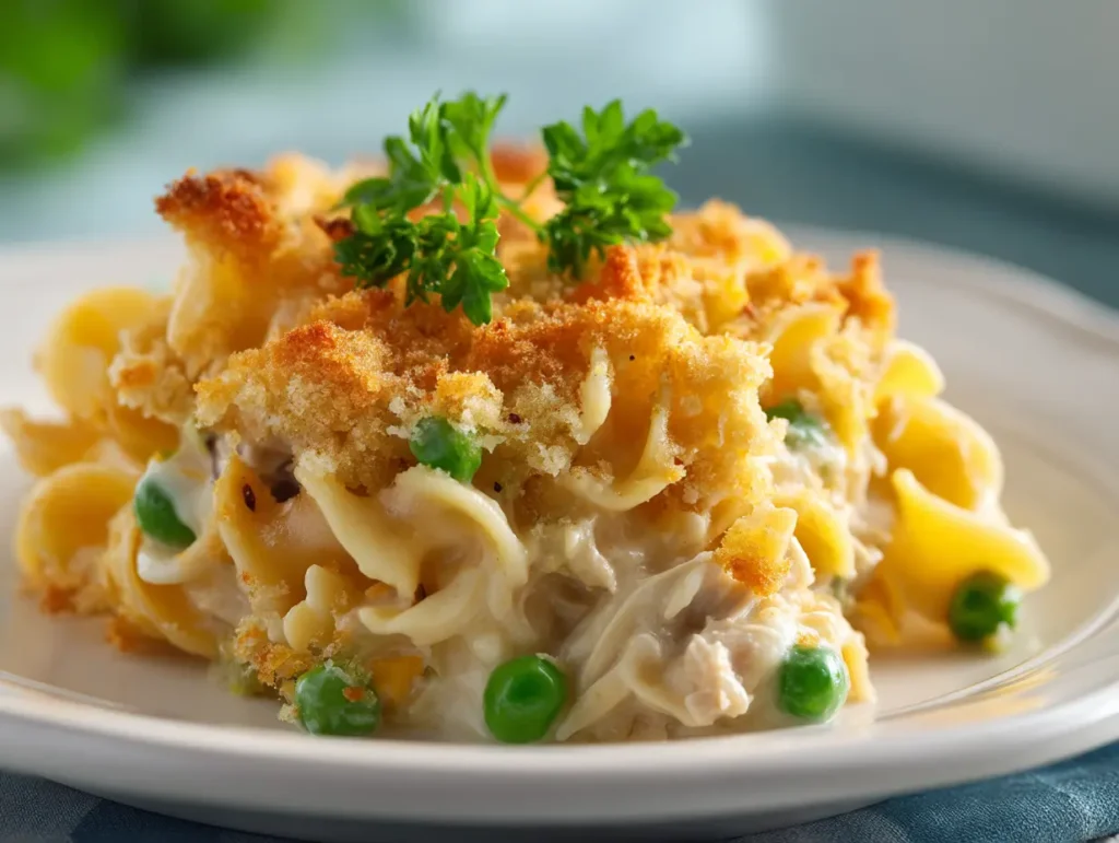 Single serving of creamy tuna noodle casserole scooped onto a white plate with parsley garnish