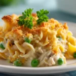 Single serving of creamy tuna noodle casserole scooped onto a white plate with parsley garnish