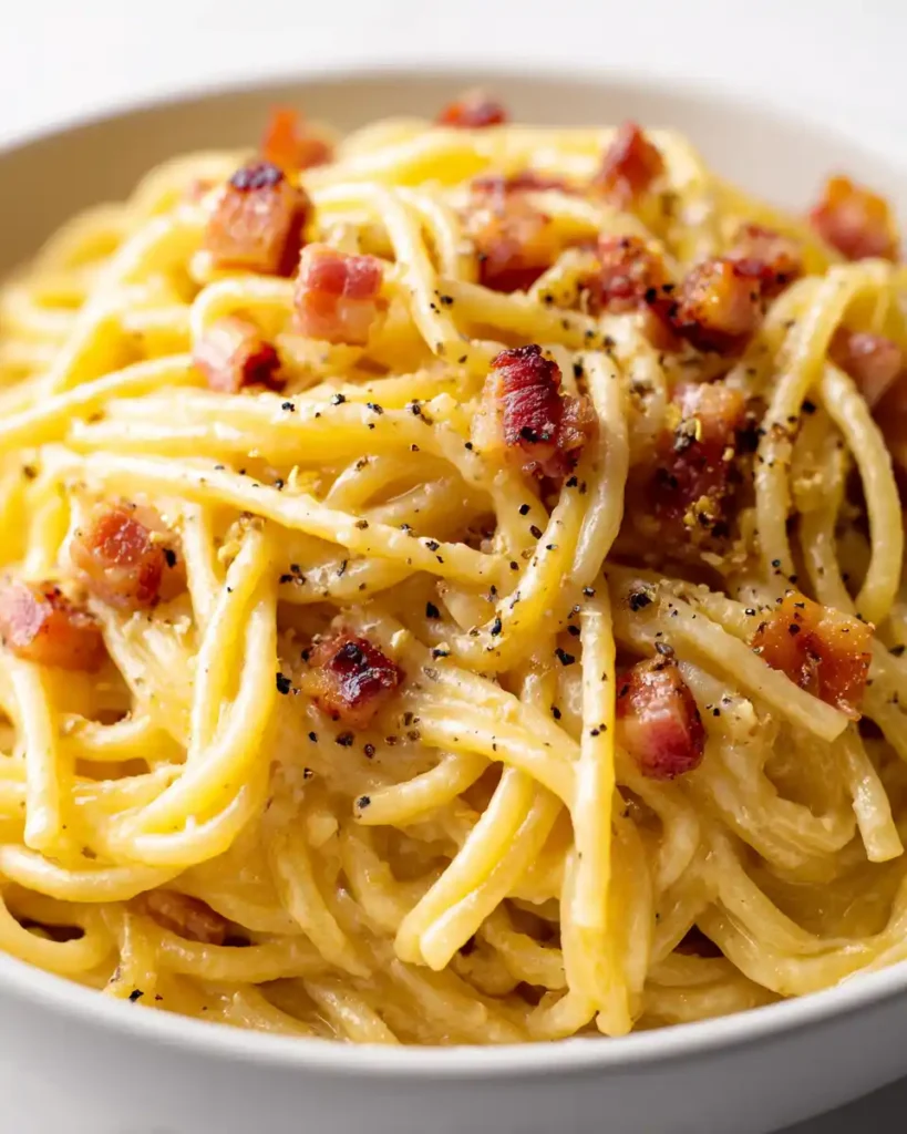 Ultimate Spaghetti Carbonara Recipe (Creamy, No Cream) 10 Current image: Ultimate spaghetti carbonara recipe served in a white bowl with glossy egg sauce, guanciale pieces, and cracked black pepper on top.