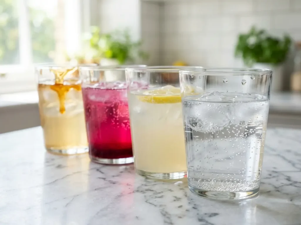 Six baking soda trick drink variations in clear glasses with different colors lemon pink salt beetroot on white marble