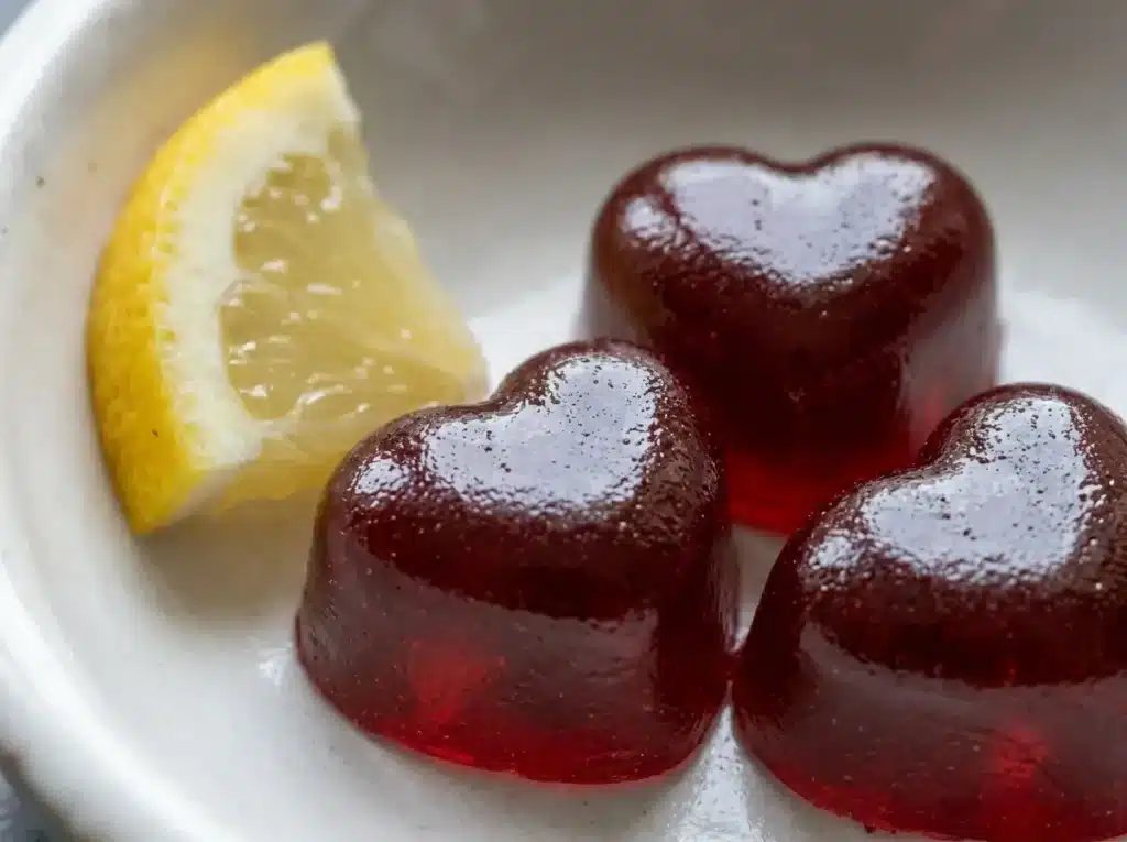 ashwagandha gummies benefits daily serving three dark red gummies in small white bowl with lemon wedge