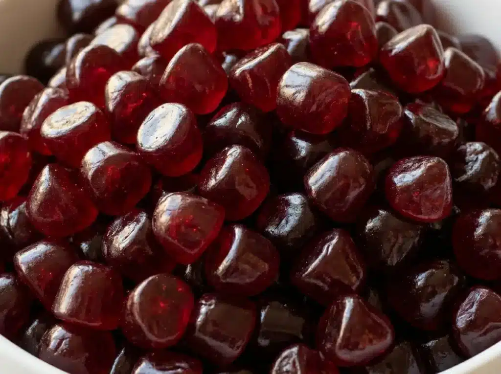 Current image: ashwagandha gummies benefits dark red cherry gummies in white ceramic bowl close up