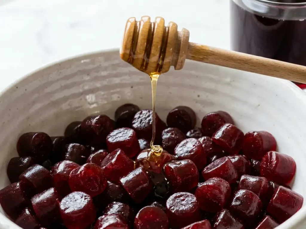  ashwagandha gummies benefits ruby red gummies in white bowl honey dipper tart cherry juice glass close up
