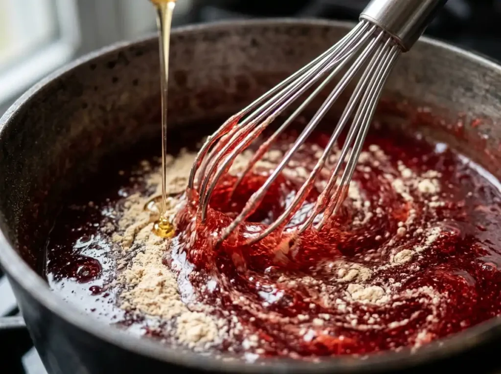 ashwagandha gummies benefits step 3 whisking ashwagandha powder and honey into warm cherry gelatin mixture