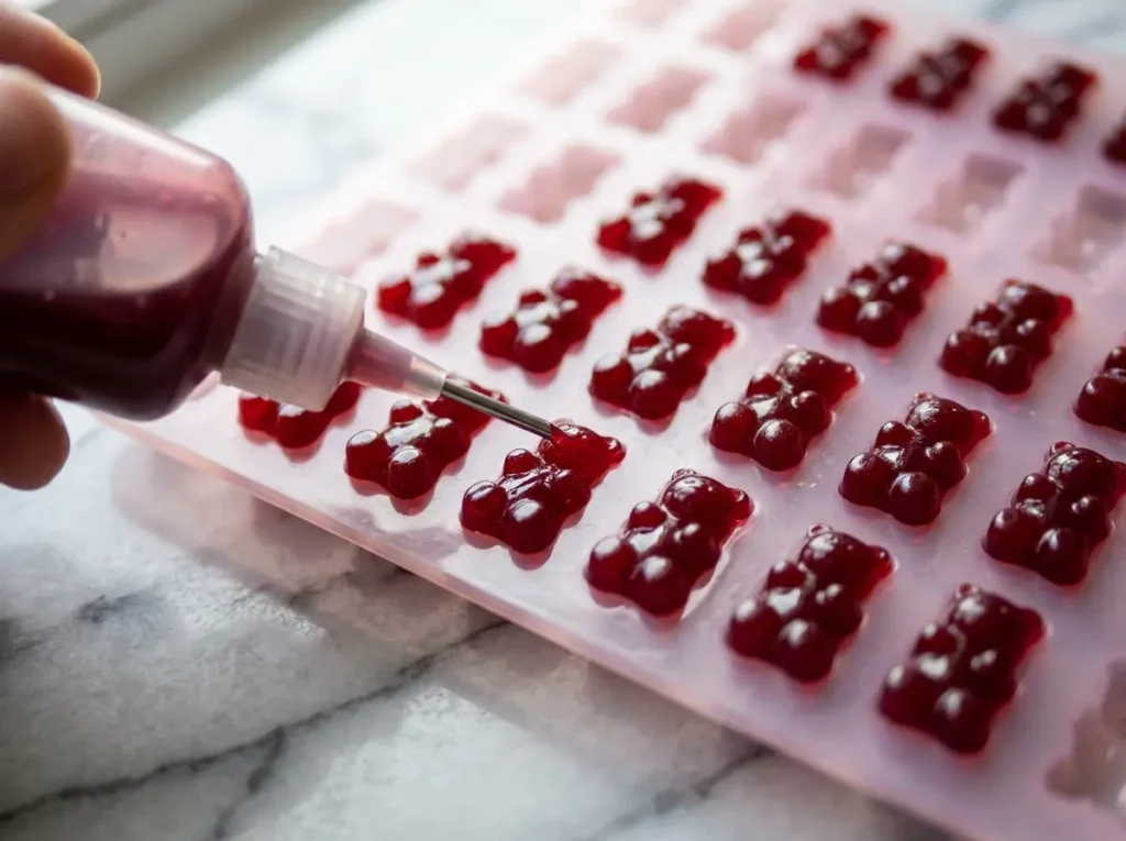 ashwagandha gummies benefits step 4 pouring dark red mixture into silicone gummy bear molds