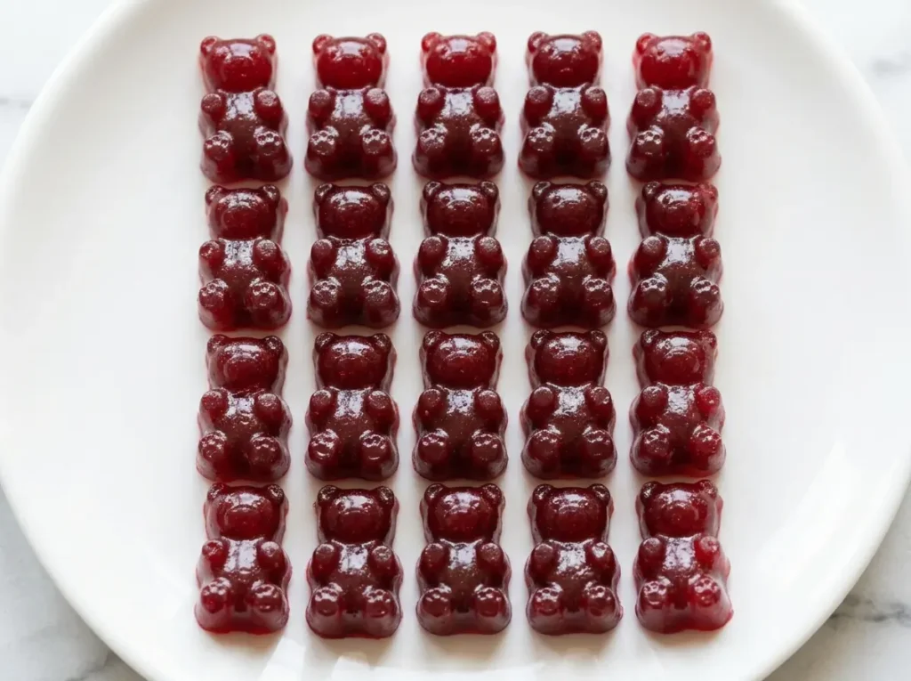 ashwagandha gummies benefits step 5 finished dark ruby gummies unmolded on white ceramic plate