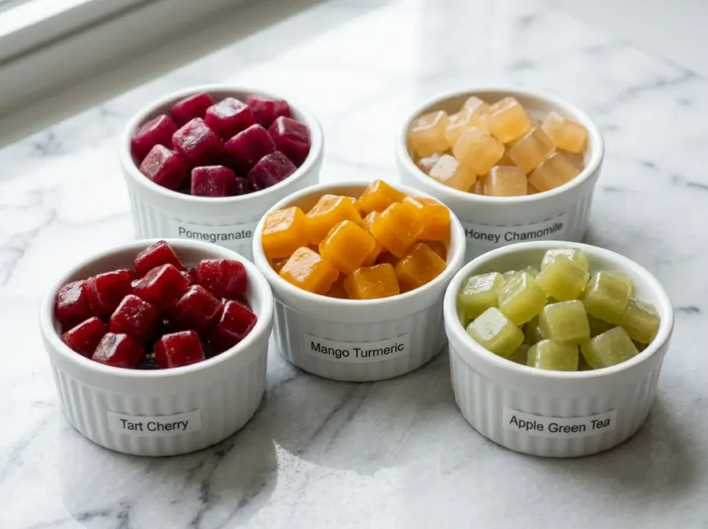 ashwagandha gummies benefits variations five small bowls different colored gummies cherry pomegranate mango