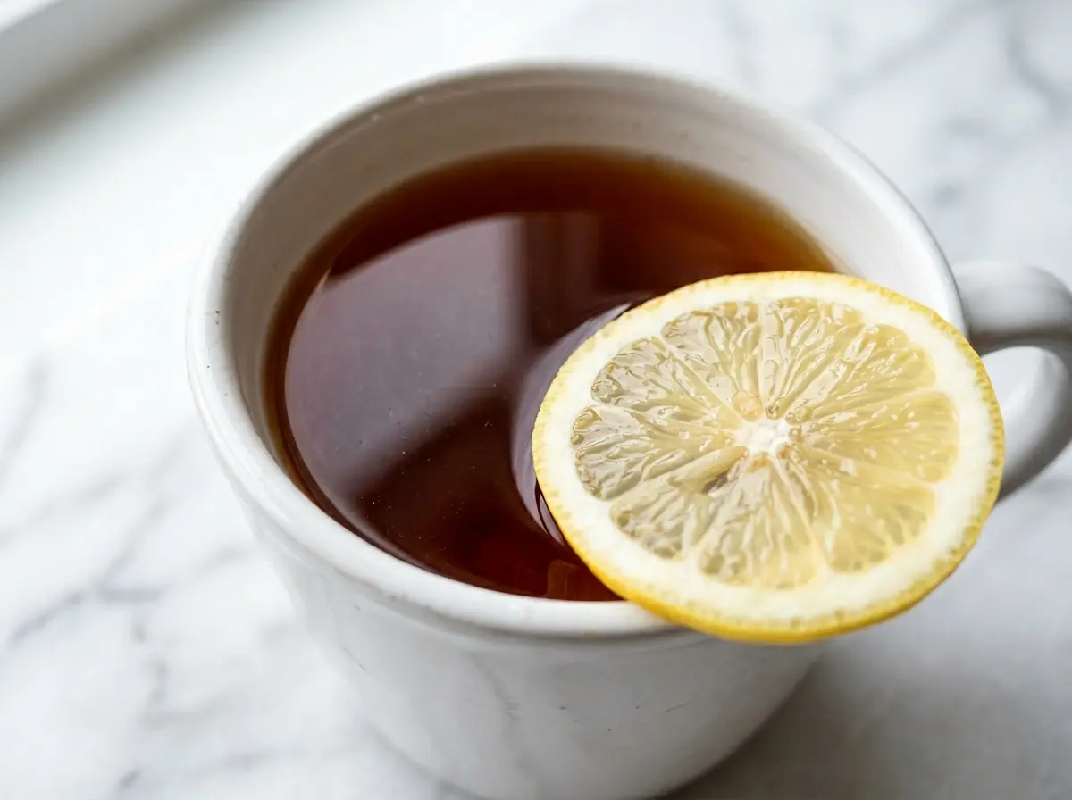 Black tea bag recipe served in a white ceramic mug with lemon slice and honey on marble