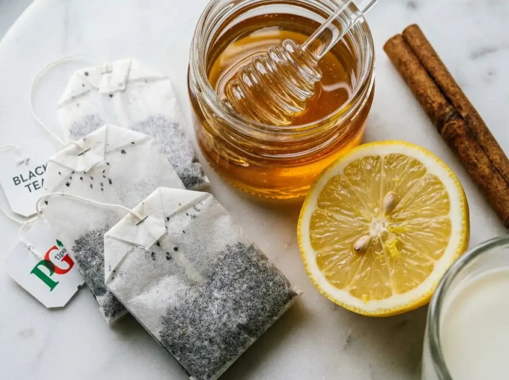 Ingredients for black tea bag recipe including tea bags, honey, lemon, cinnamon, and milk
