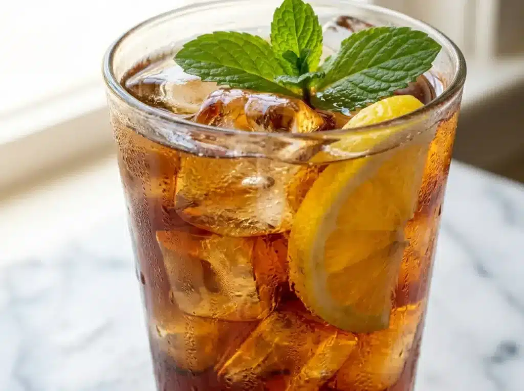 Homemade milk tea black tea bag recipe in a glass with creamy layered appearance