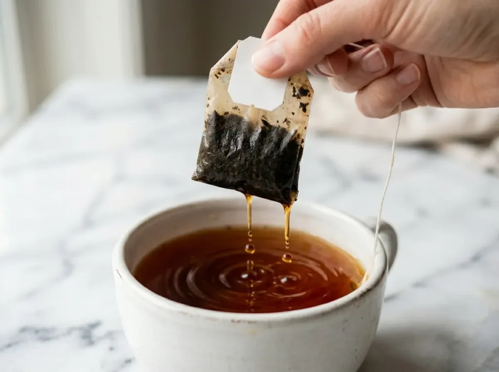 Southern sweet tea black tea bag recipe in a tall glass with ice and lemon