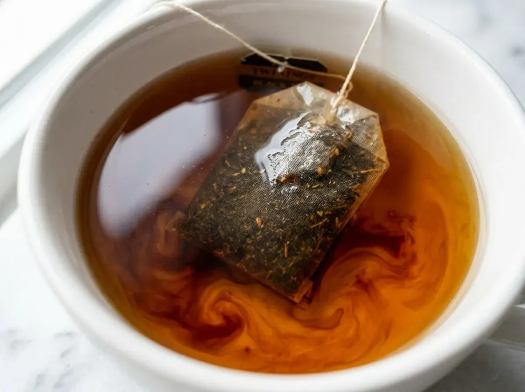 Black tea bag steeping in hot water in a white mug showing deep amber color