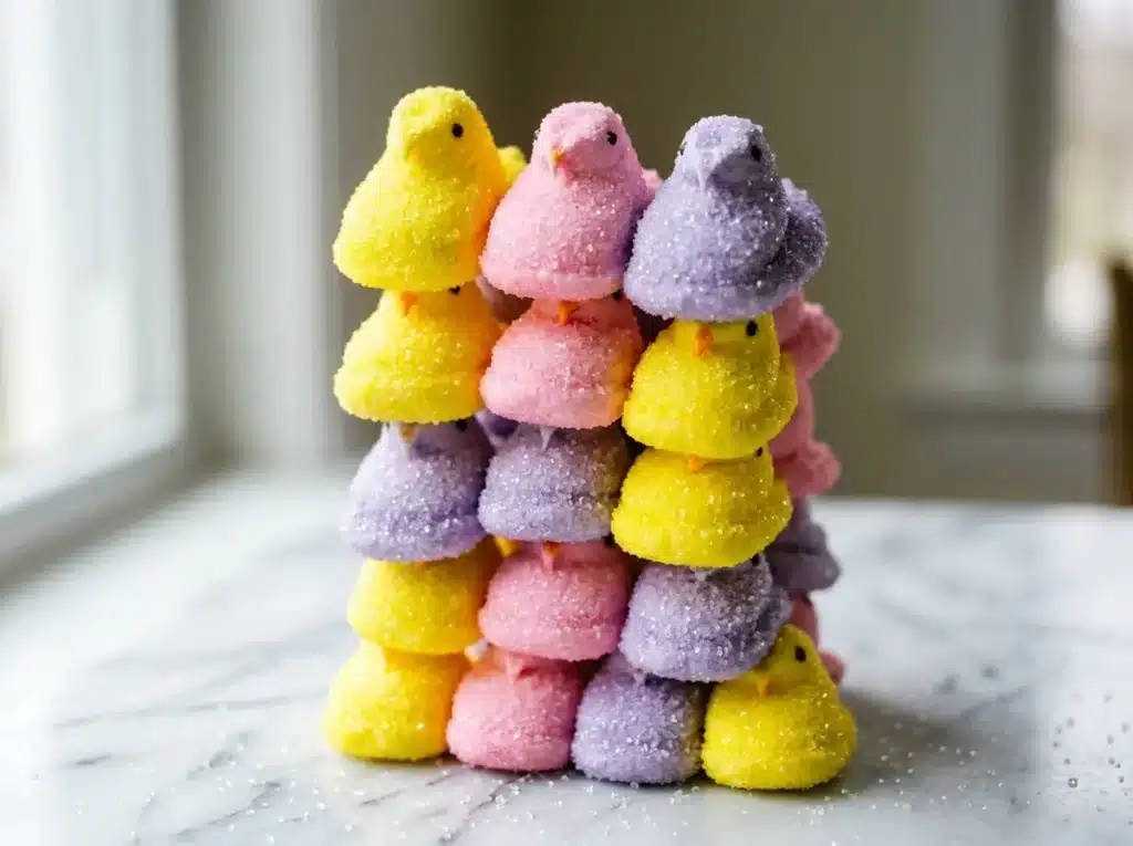 Do peeps have gelatin colorful vegan homemade peeps marshmallow chicks yellow pink purple on white marble vertical