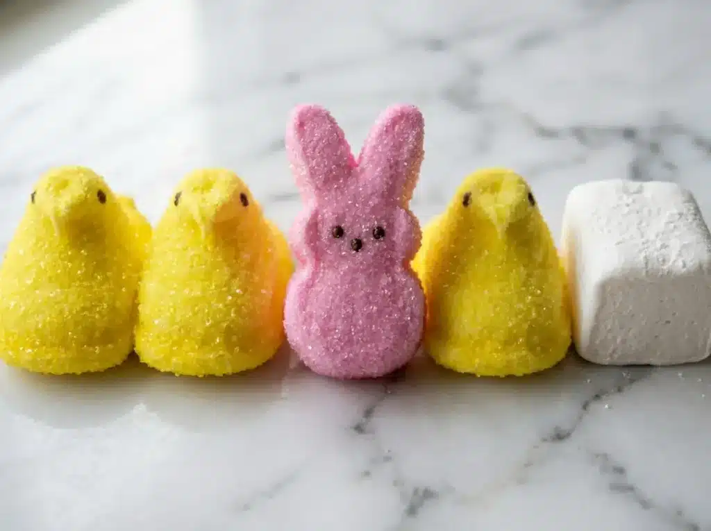 Peeps marshmallow bunny and chick shapes next to vegan marshmallow alternatives on white surface do peeps have gelatin