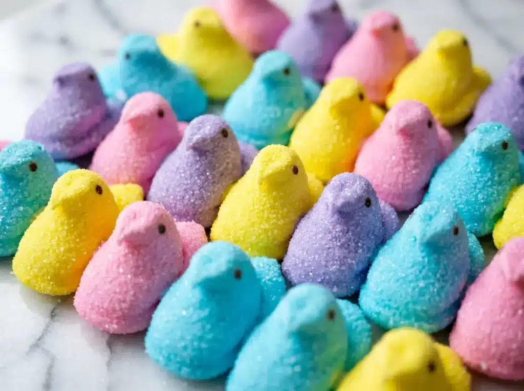 Current image: Do peeps have gelatin colorful yellow pink purple peeps marshmallow chicks arranged on white marble surface