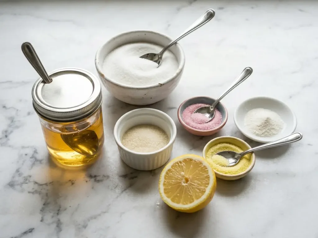 Peeps marshmallow ingredients sugar corn syrup gelatin pork alongside vegan agar agar alternatives on white marble