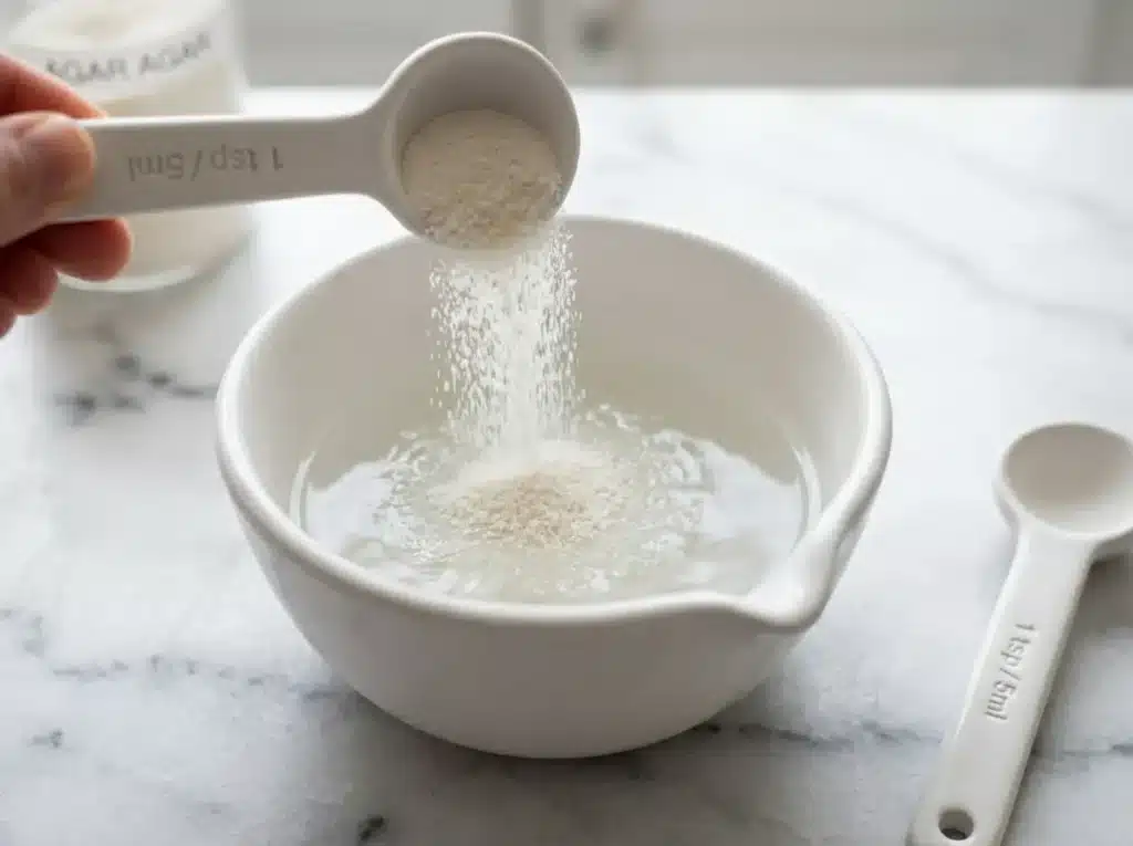 Agar agar powder blooming in cold water in small white saucepan for vegan gelatin peeps marshmallow recipe