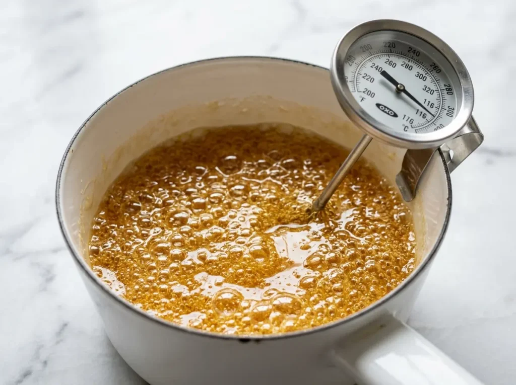 Golden sugar syrup reaching 240 degrees in white saucepan for vegan peeps marshmallow do peeps have gelatin recipe