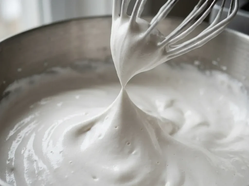 Glossy white marshmallow mixture whipped to stiff peaks in stand mixer bowl for vegan peeps gelatin free recipe