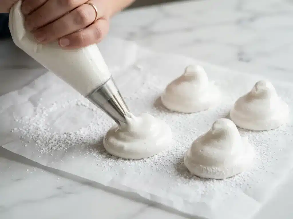 White marshmallow mixture being piped into chick shapes on parchment paper for homemade vegan peeps gelatin free