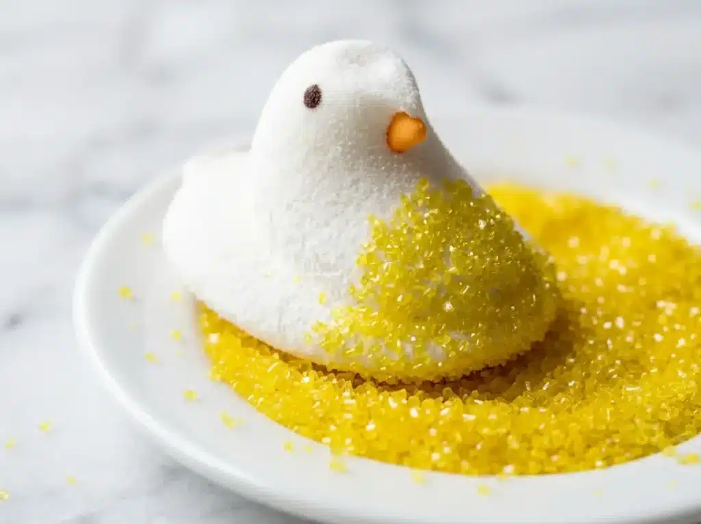 Homemade vegan peeps marshmallow chicks being rolled in yellow and pink colored sugar for do peeps have gelatin recipe