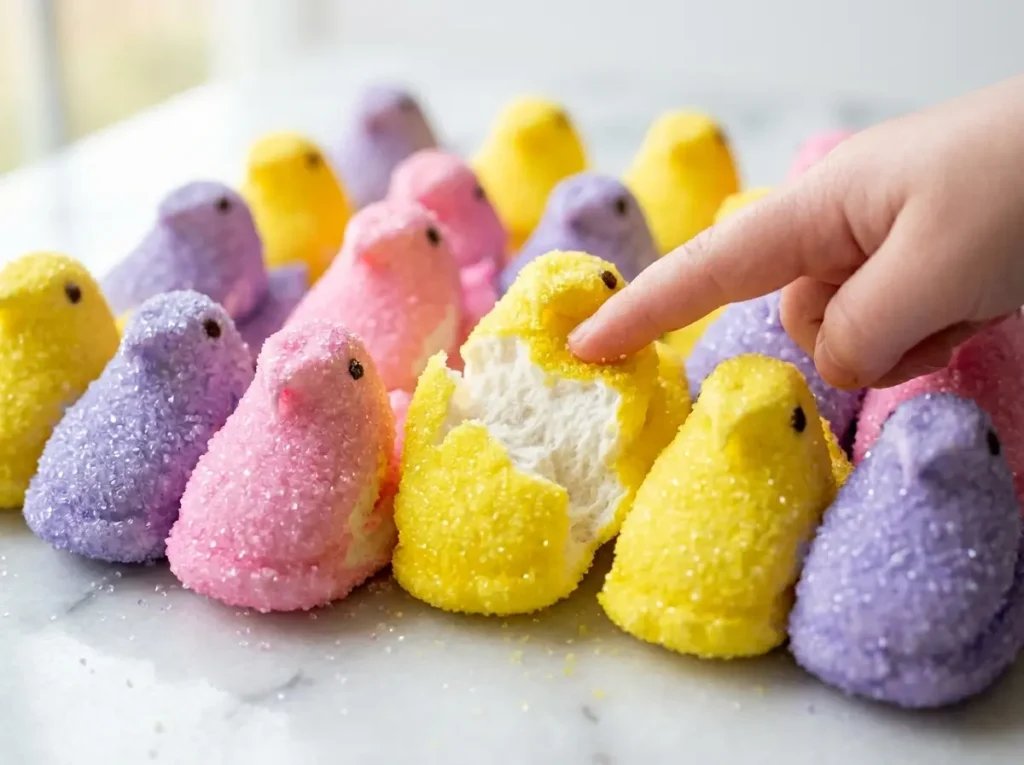 Finished homemade vegan peeps marshmallow chicks in yellow pink purple sugar coating on white marble do peeps have gelatin