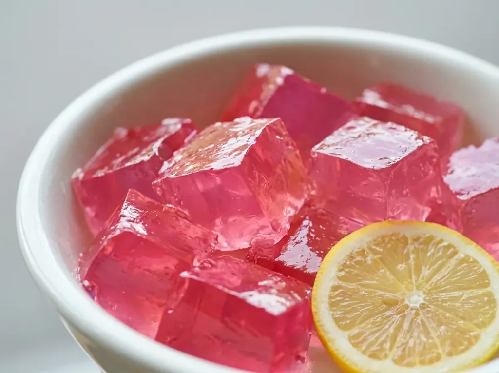 dr gupta gelatin recipe cubes with lemon slice on white surface